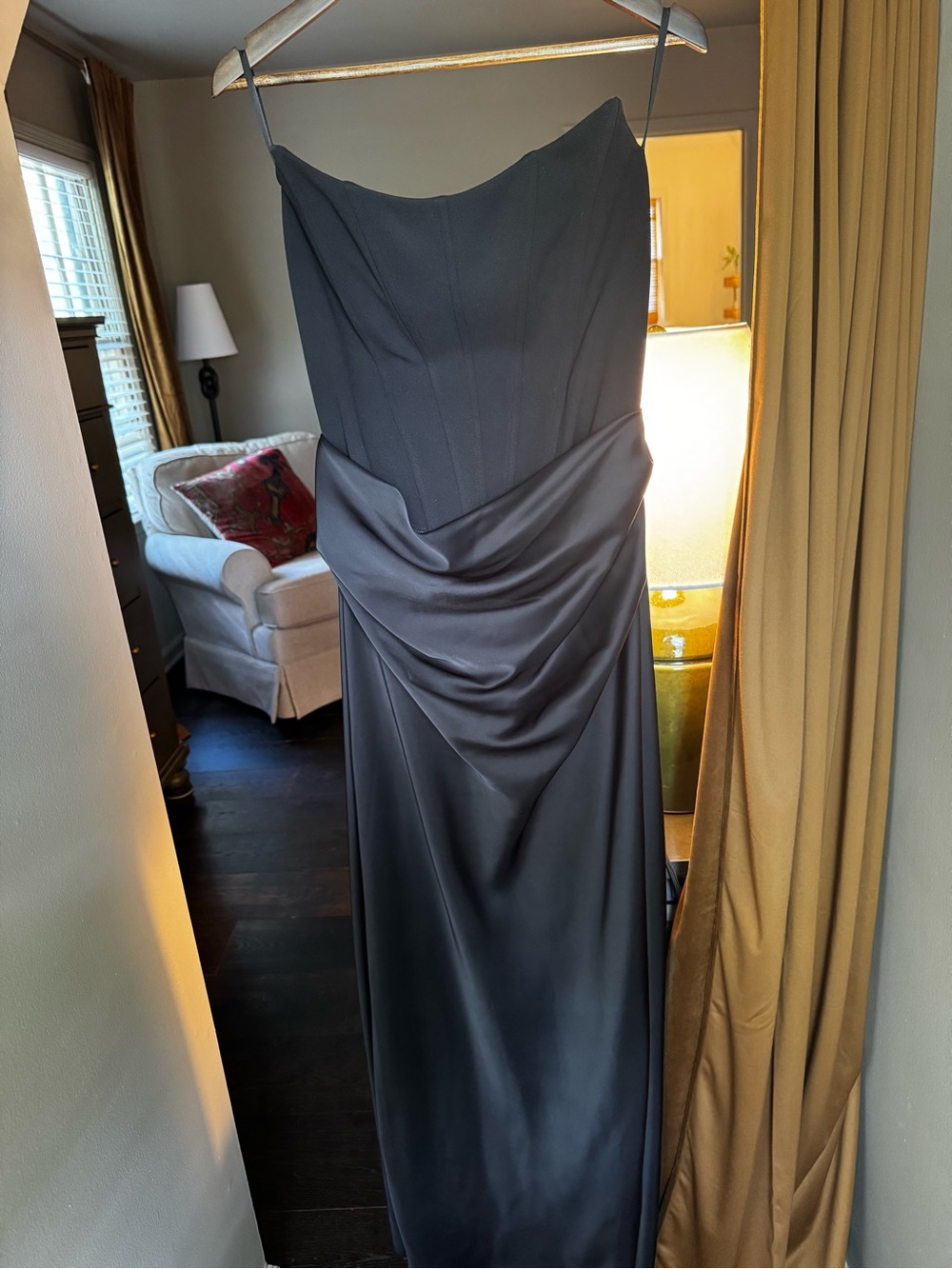 Betsy & Adam Black Strapless Draped Satin Gown